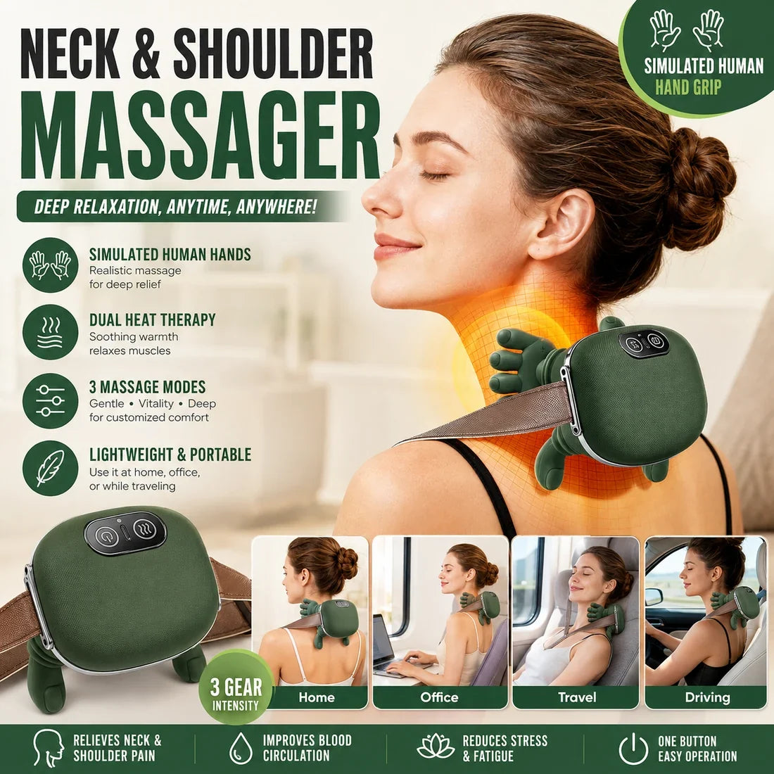 Rechargeable Neck & Shoulder Massager with Heat – Deep Kneading & 3 Massage Modes